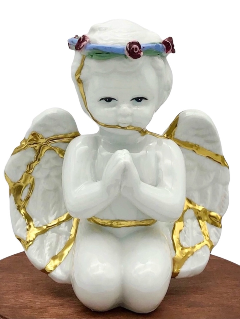 Kintsugi Angel Kneeling Praying Porcelain Cherub Gold Crack Personal Growth Gift